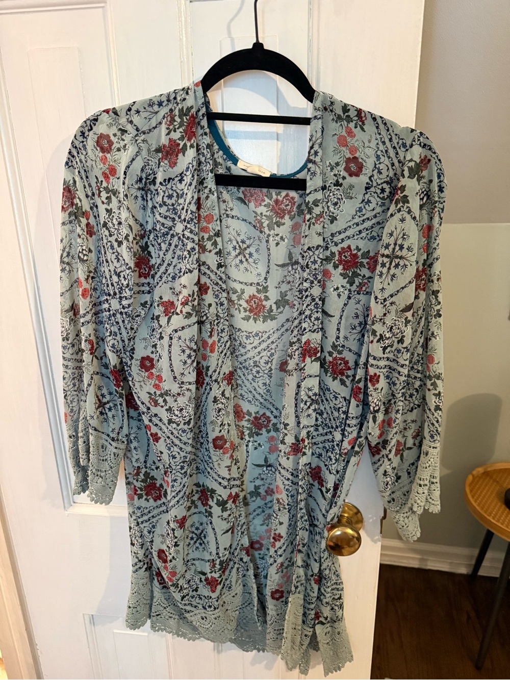 Floral Lace-Trim Kimono Robe - Sage with Rose Print